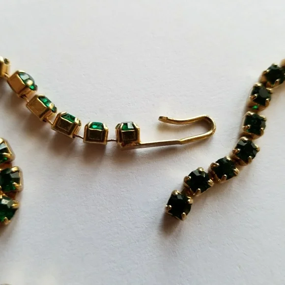 Relisted- Vintage necklace green rhinestones givre rose choker gold leaf leaves - Picture 5 of 8